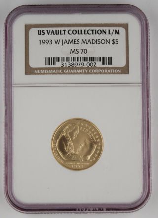 1993 W $5 James Madison Uncirculated Commemorative Gold Coin Ngc Ms70