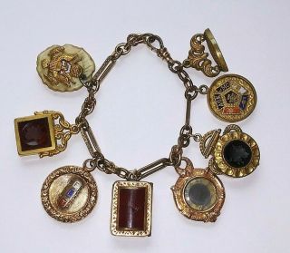 Antique Victorian Gold Watch Fob 12k Gold Filled Charm Bracelet W/ 8 Charms