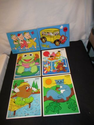 6 Vintage Playskool Wooden Tray Puzzles Three Little Pigs Kermit The Frog Bert
