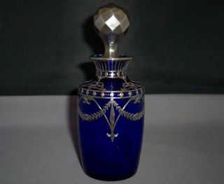 Antique Cobalt Blue Glass & Sterling Silver Overlay Perfume Bottle