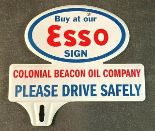 Vntg Esso Colonial Beacon Convex License Plate Topper Rare Old Advertising Sign