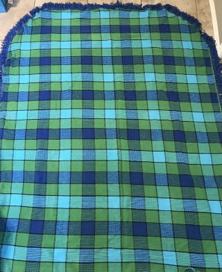 Vintage Morgan - Jones Twin Blue Green Cotton Bedspread W/ Fringe Square Patchwork