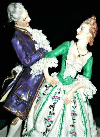 Antique German Dresden Lace Courting Couple Dancers Lovers Porcelain Figurine