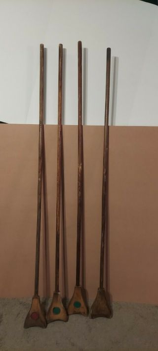 4 Vintage Wooden Shuffleboard Pusher Cue Sticks 64” Red Green - Antique Poles