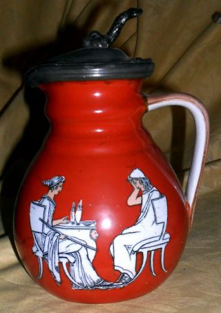 Antique 19th Century Prattware Classical Greek Decorated Red Jug With Pewter Lid