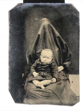 Antique Tintype Vintage Photo Veiled Mother Holding Baby Infant Sfa
