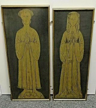Two,  Large,  Gilt - Wood,  Vintage,  Prints Of Medieval Women In Gold On Black
