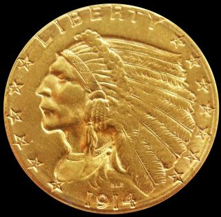 1914 D Gold United States $2.  5 Dollar Indian Head Quarter Eagle Coin Au,