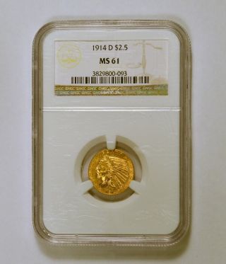 1914 - D $2.  50 Indian Head U.  S.  Quarter Eagle Gold Coin Graded Ms 61 By Ngc