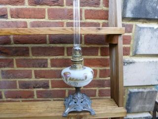 Antique Vintage French Hand Painted Glass Font & Metal Oil Table Lamp