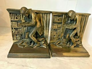 Pair Vintage Antique Bronze Bookends Colonial Man Reading Books In Library