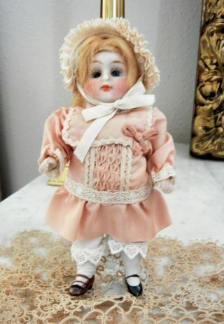 Antique 5.  5 " George Borgfeldt Prize Baby 208 Bisque Doll - Lovely Pink Dress Hat