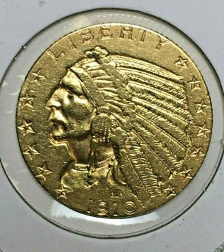 1910 $5 Five Dollar Gold Indian Half Eagle Coin - Xf Extra Fine