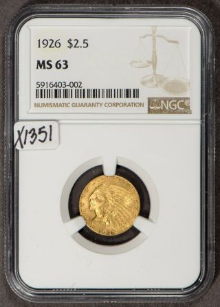 1926 G$2.  50 Indian Head Gold Quarter Eagle - Luster - Ngc Ms 63 - Sku - X1351