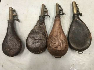 4 Antique Leather Black Powder Flask Horn 1 - 2 1/2 Lb 3 - 3lb