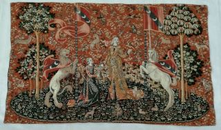 Vintage French Medieval Unicorn Tapestry Wall Hanging Panel 104x63cm