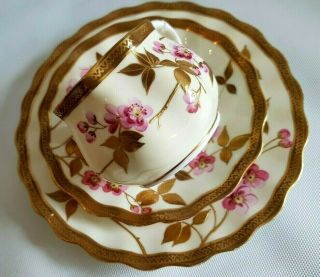 Bodley Burslem Ebd J Antique Porcelain Gilt Gold & Pink Trio Cup Saucer Plate