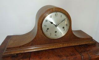 Vintage Mid 20th C Oak Napoleon Mantel Clock (westminster Chime Key & Pendulum)