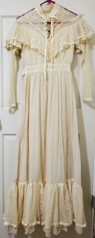 1970s Gunne Sax Wedding Prairie Boho Victorian Sz 7 Maxi Dress Ivory Net Lace