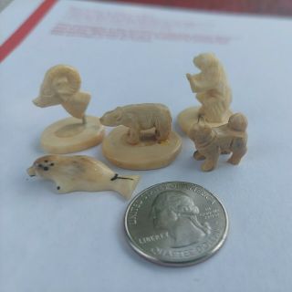 5 Miniature Antique Alaskan Inuit Eskimo Carvings Polar Bears Seal (signed) Dog,