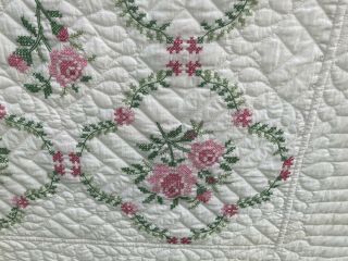 Vintage Flower Embroidered Quilt Hand Stitched Pink On White Chic