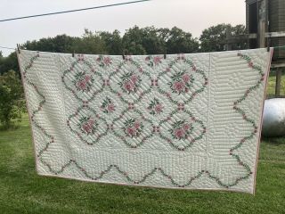 Vintage Flower Embroidered Quilt Hand Stitched Pink On White Chic 2