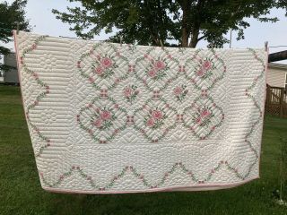Vintage Flower Embroidered Quilt Hand Stitched Pink On White Chic 3