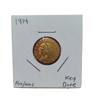 1914 $2.  50 Indian Head Quarter Eagle Gold Coin Au/ Unc Key Date