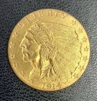 1914 2.  5 Gold Indian Head Quarter Eagle Au/unc