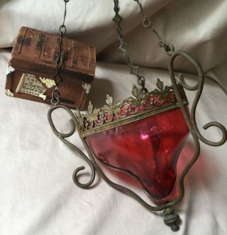 Vintage Gothic Antique Brass Swag Hanging Candle Lamp Red Glass Medieval