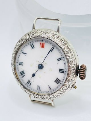 Antique Ww1 Era Sterling Silver Trench Style Watch With Chased Design