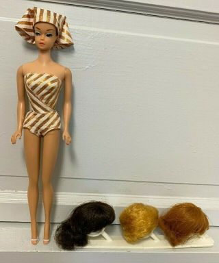 Vintage 1963 Mattel Fashion Queen Barbie Doll W/ Wigs Stand Orig Outfit