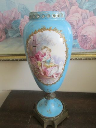 Antique French Sevres Style Porcelain Blue Urn Vase No Lid Couple Signed Aime