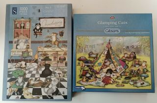 Bundle Of 2 Linda Jane Smith 1000 Piece Cat Jigsaws (glamping Cats/chocolaterie)
