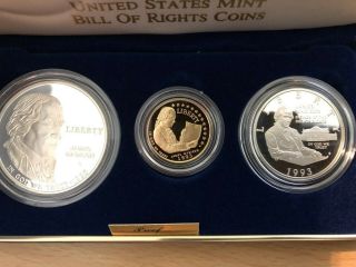 1993 Bill Of Rights 3 Coin Proof Set: $5 Gold,  $1 Silver, .  50c Silver &
