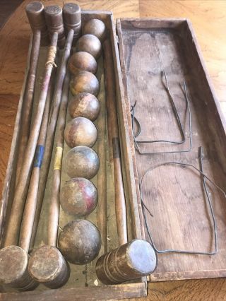 Vintage Antique Rare Wood Box Croquet Set 9 Balls 6 Mallets 2 Stakes Few Wickets