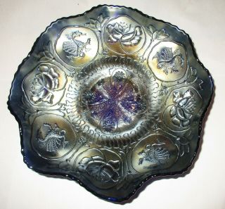 Antique Fenton Dragons & Lotus Carnival Glass Blue Silver Iridescent Bowl
