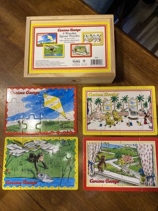Curious George Wooden Jigsaw Puzzles.  4 Puzzles In 1 Box Ages 3 & Up.