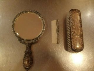 Antique Vintage Silver Plated Vanity Set,  Hand Mirror,  Brush And Comb