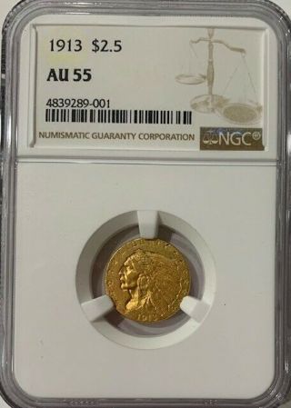1913 Indian Head Quarter Eagle $2.  5 Gold Coin Ngc Au55