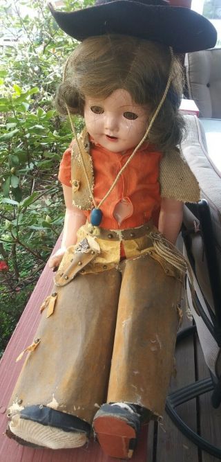 Very Old Vintage 22 " Cowgirl Doll With Gun And Lasso