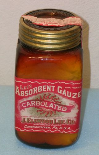 Antique J Ellwood Lee Lg Amber Bottle W/ Carbolated Gauze Full Conshohocken Pa