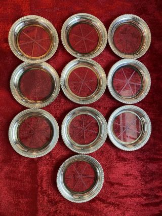 Vintage Sterling Silver Rimmed Coaster Set 10pc Cut Glass Ornate