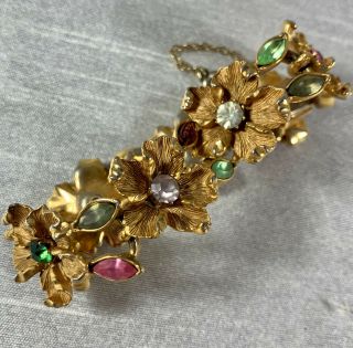 Antique Gold Tone Art Deco Floral Bracelet Vintage Style Glass Rhinestone
