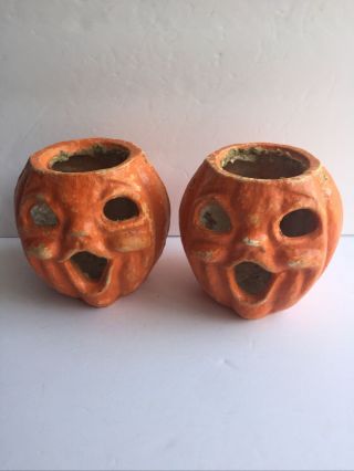 Two Vintage 4 1/2” Paper Mache Halloween Singing Face Jack - O - Lantern - No Handle