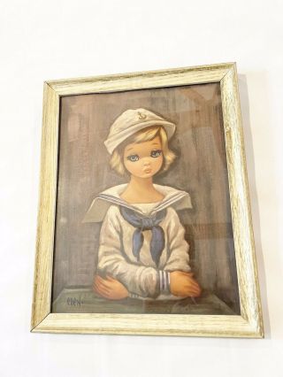 Vintage Eden Print Big Eyes Sailor Girl 1960s Framed Signed Nautical Mcm Art