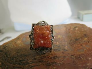 Antique Chinese Export Silver Carved Carnelian Flower Ring Size 4 Kca3