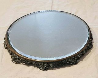 A28] Antique Round Beveled 12 " Mirror Dresser/vanity Tray With Footed Brass Base