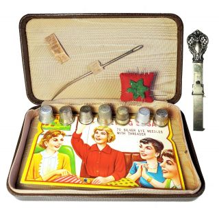 Vintage Sewing Kit W Sterling Silver Antique Hem Gauge Ruler