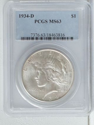 1934 - D Peace Dollar Pcgs Ms63 Pj616